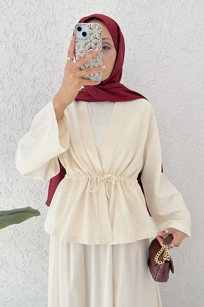 Salih Çelebi Waist Gathered Kimono Skirt Set 2354 - Ecru