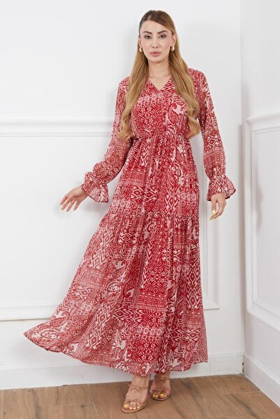 NEW LAVİVA Women's Graphic Pattern Red V Neck Lined Elastic Waist Chiffon Dress Suitable for Hijab