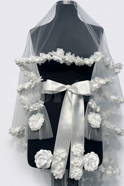 Mortex Beyaz Bol Çiçekli Gelin Seti – Kına, Düğün, Nikah İçin 6'lı Set: Duvak...