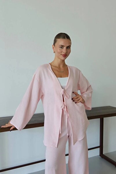 Elysira Tie-Up Linen Bottom Top Women's Kimono Set