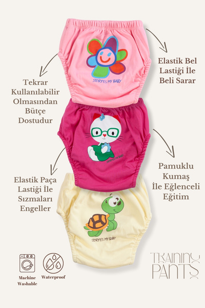 Poope's Kız Bebek Çocuk Desenli Şirin 3 Lü Alıştırma Külodu Sızdırmaz Antiale...