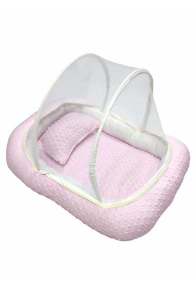 BabyCara Baby Net Bed with Thick Mattress Mosquito Net with Zip Closure & Neck Pillow for Newborn Baby Pink