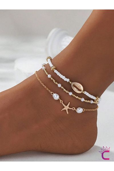 Cinderella 3-Piece Combination Gold Starfish Miyuki Bead Anklet - Seashell Beach Jewelry Foot Bracelet