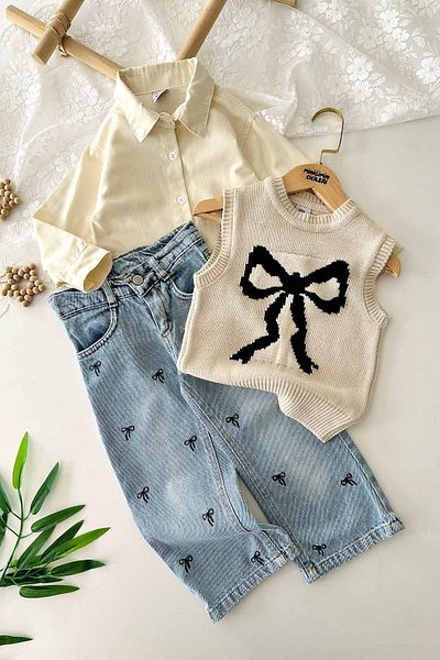 Minigimin Cicileri My Little Girl's Pimples Bow Patterned Sweater Girl's 3-Piece Jeans Suit - Stone
