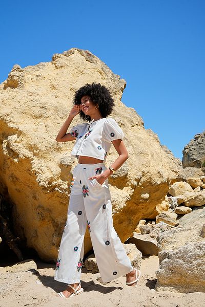 ASEDE Embroidered Front Tie 100% Cotton Blouse Trousers Set