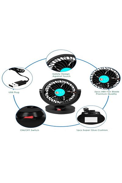 DLC 5V DC Rotatable Five Blade Electric Car Fan USB Powered Desk Fan with 720° Rotation