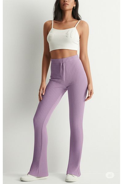 DHDmoda Women's Lilac Color Elastic Waist Slim Twill Fabric Sweatpants