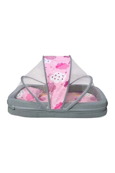 BabyCara Baby Net Bed with Thick Mattress Mosquito Net & Neck Pillow for New Born Babies 80x50cm Pink