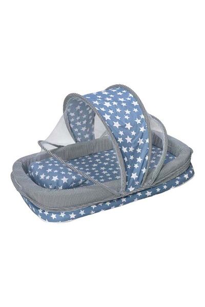 BabyCara Baby Net Bed with Thick Mattress Mosquito Net & Neck Pillow for New Born Babies 80x50cm Blue