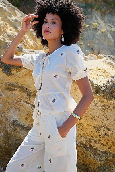 ASEDE Embroidered Front Tie 100% Cotton Blouse Trousers Set