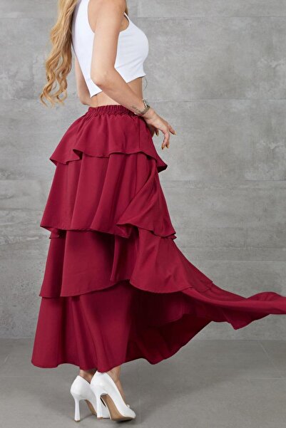 NEW LAVİVA Women's Burgundy Flounced Layered Elastic Waist Kupra Lined Crepe Skirt Suitable for Hijab
