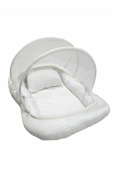 BabyCara Baby Net Bed with Thick Mattress Mosquito Net with Zip Closure & Neck Pillow for Newborn Baby White
