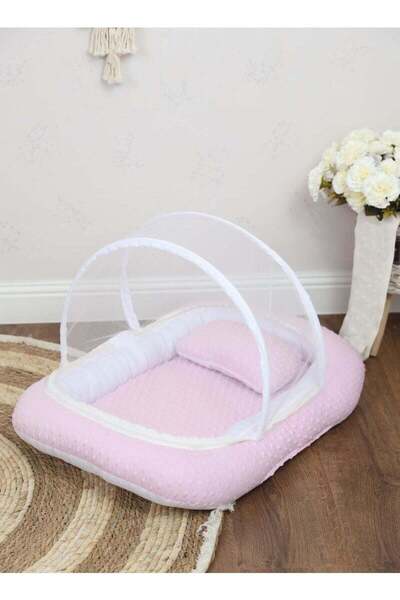 BabyCara Baby Net Bed with Thick Mattress Mosquito Net with Zip Closure & Neck Pillow for Newborn Baby Pink