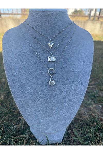 Judas Takı Triple Silver Combination Necklace Oyster Letter Heart