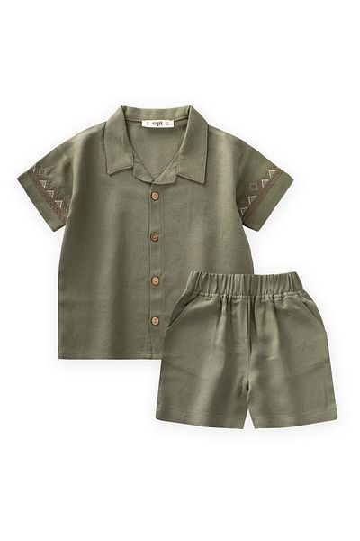 Cigit Embroidered Sleeves Shirt Shorts Linen Suit 2-7 Years Khaki Green