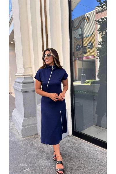 BÜŞRA TEZEL MODA Women's Short Sleeve Collar and Hem Zippered Midi Viscose Two Thread Dress