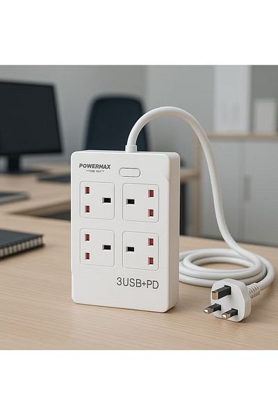 powermax MX52 8-in-1 Power Socket Extension Plug – 2500W 4 Power Socket + 3 USB + 1 PD |3M