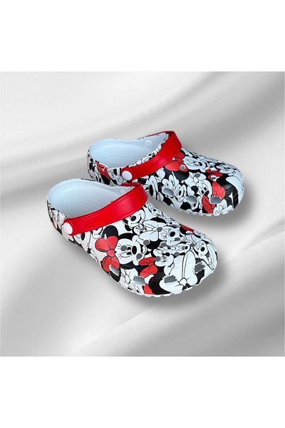 AkınalBella Women's Red White Printed Beach Pool Cook Daily Closed Front Slippers Sandals