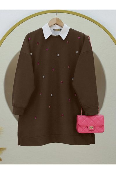 KAZAK Bicycle collar heart embroidered y Slit tunic -coffee