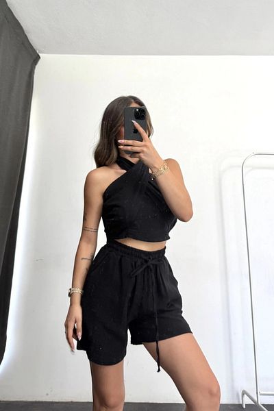 MOZENA Halter Neck Linen Crop and Shorts Two Piece Set