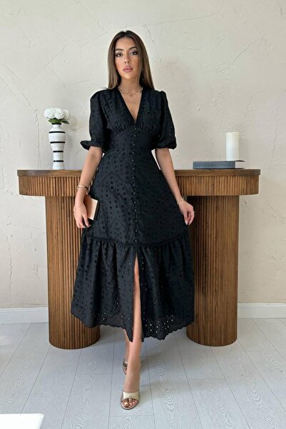 BEFAON Rochie neagră detaliu încrețit dantelă li brodat