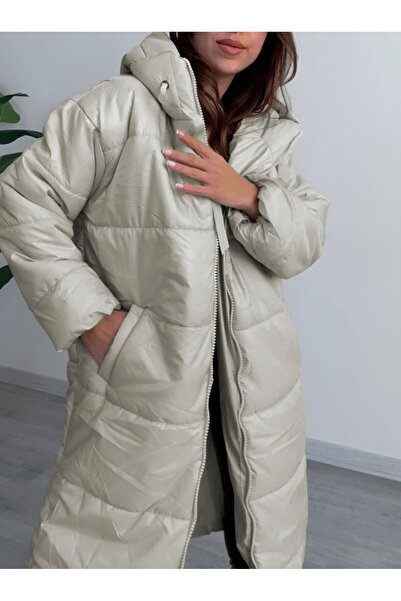 utku soydan Hooded Lace Detailed Zippered Puffer Coat -Stone -Collection