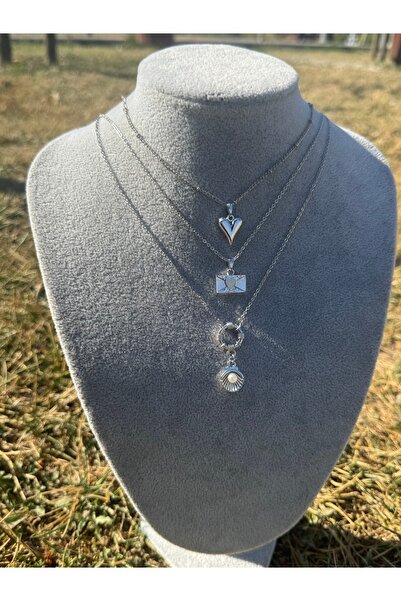 Judas Takı Triple Silver Combination Necklace Oyster Letter Heart