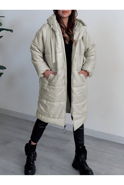 utku soydan Hooded Lace Detailed Zippered Puffer Coat -Stone -Collection