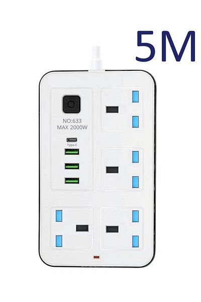Generic 5 meters Universal Extension Cord with 4 Power Socket and 3 USB Slots