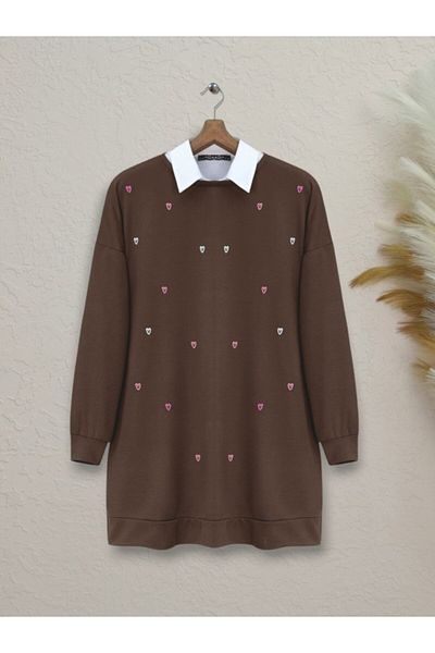 KAZAK Bicycle collar heart embroidered y Slit tunic -coffee