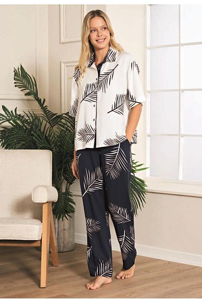 civetta 100% Viscose Woven Navy Blue Leaf Patterned Front Buttoned Pajama Set