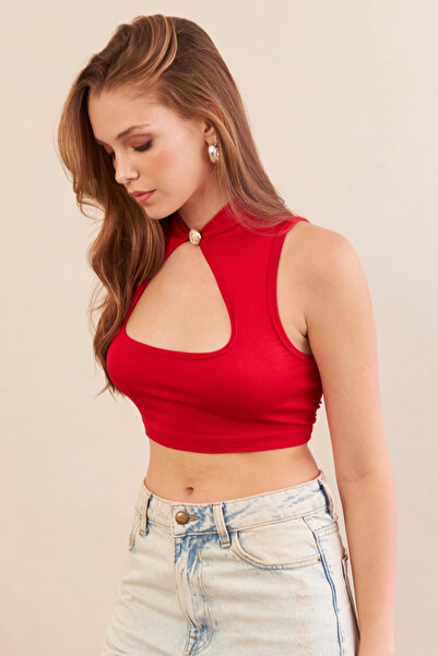 Cool & Sexy Women's Red Button Detailed Window Blouse Ey3110