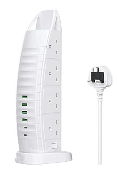 powermax 14-in-1 Power Strip Extension Socket Tower – 8 AC Outlets + 6 USB Ports (2.1A) 2500W