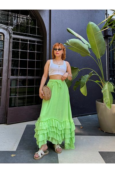 Bak'ap Premium Muslin 100% Cotton Flounced Layered Bohemian Long Skirt