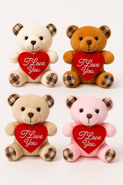 BiTon Toptan 4 Cute Mini Plush Teddy Bears - Heart'I Love You' Message 11X9 cm
