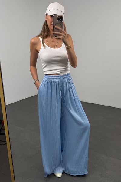5in1Canpolat Blue Draped Satin Trousers 16632