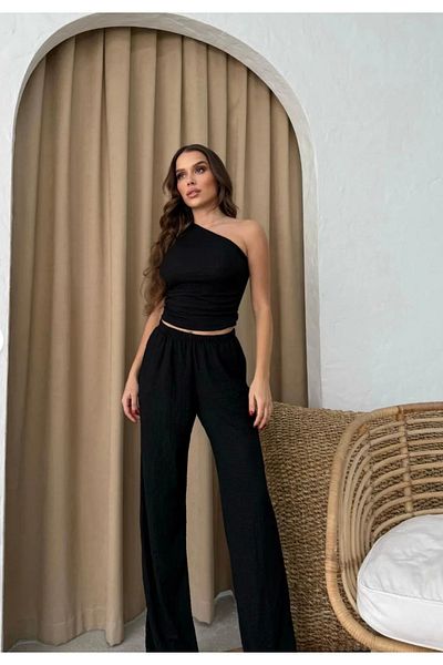 Elysira Single Sleeve Women's Seersucker Pants-Blouse Set