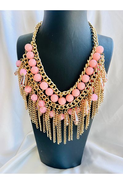 COCOSH TAKI Salmon Pink Color Stone Gold Chain Multi-Design Necklace