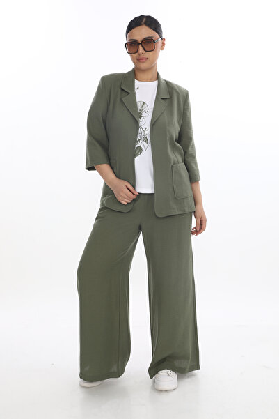 EXİTLİNE Kadın Yazlık Takım Geniş Paçalı Haki Rengi Pamuk Keten Pantolon