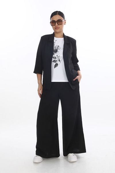 EXİTLİNE Women's Summer Suit Wide Leg Black Cotton Linen Trousers