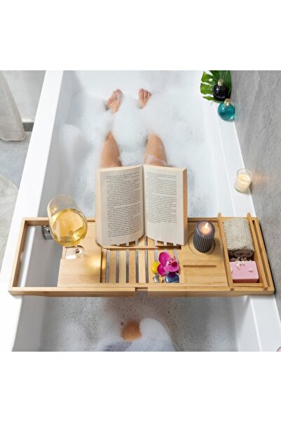 AB HOMES Tavă extensibilă pentru cadă din bambus, 70 - 104 cm, cu pahar de vin, carte, suport pentru săpun și accesorii de baie