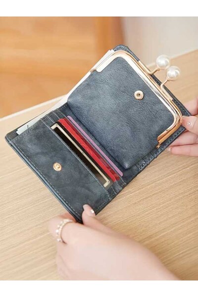 Deri Cuzdan Honey Girl Style Lightweight Pearl Detail, Kiss Lock Closure Multi Card Slot Kiss Lock Women's Gray Wallet