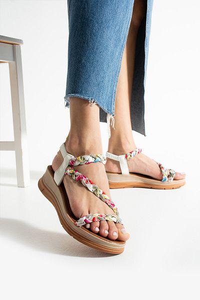 Ayax White Floral Satin Fabric Daily Stone Piping Women's Sandals