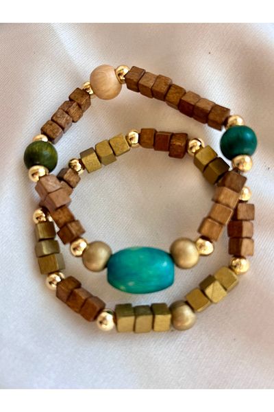 COCOSH TAKI Turquoise and Gold Wood Bead Multi Combination Design Bracelet