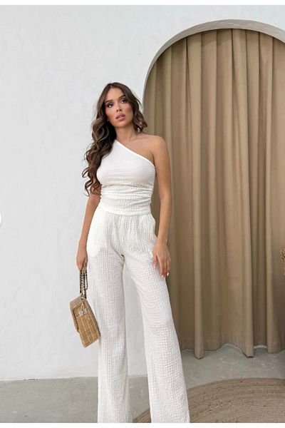 Elysira Single Sleeve Women's Seersucker Pants-Blouse Set