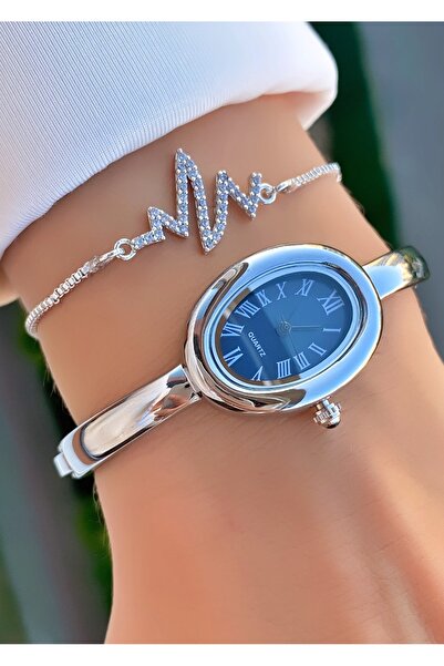 Merand Silver Color Black Dial Women's Wrist Watch and Heart Rate Bracelet Set – Oval Case, Classic Elegance