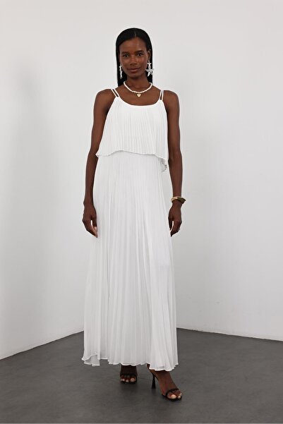 5in1Canpolat White Pleated Chiffon Dress 00778
