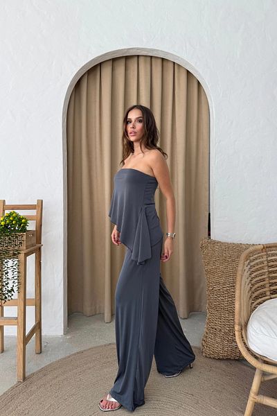 MOZENA Strapless Asymmetrical Blouse Pants Sandy Double Suit