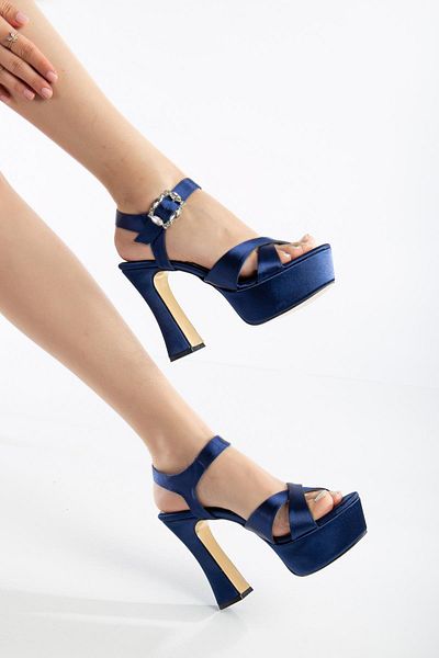 Dilimler Ayakkabı Platform Satin Stone Navy Blue Women's Heeled Evening Dress Shoes