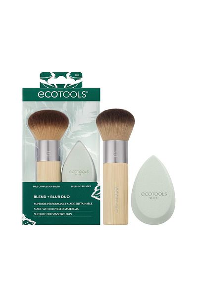 Ecotools Blend + Blur Makeup Brush and Sponge Duo, Makeup Blender Sponge & Foundation Brush, For Liq